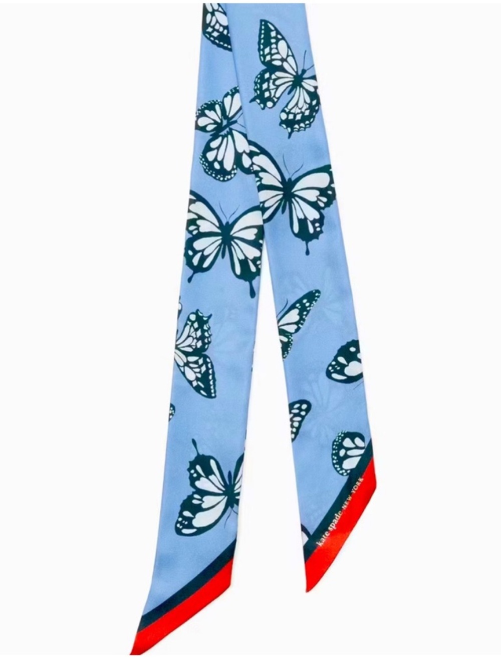 Kate Spade Light Blue Butterfly Print Skinny Scarf with Red Trim